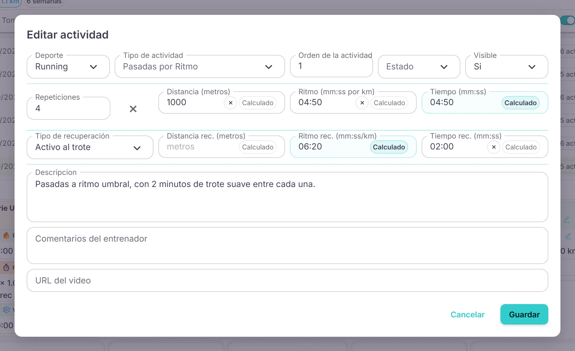 Edición de una actividad de pasadas del plan de la demo en el Plan Builder de Runity: repeticiones, distancia, ritmo y recuperación