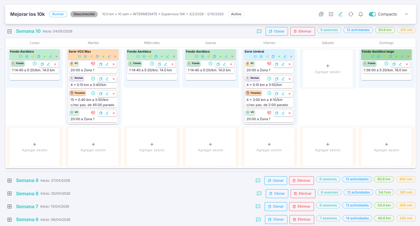 Vista del plan builder de Runity para organizar entrenamientos y sesiones